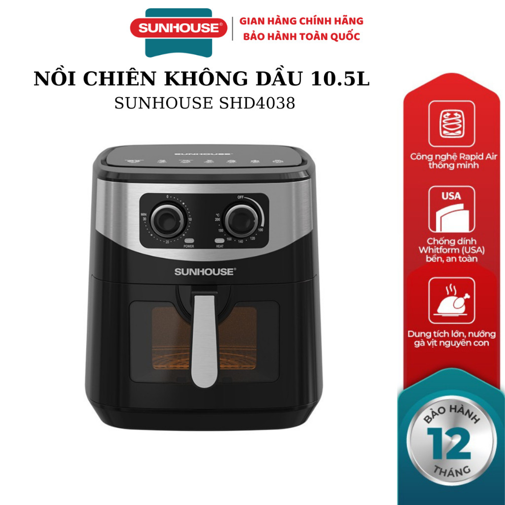 NỒI CHIÊN KHÔNG DẦU 10.5L SUNHOUSE SHD4038 - Hàng Bảo Hành Chính Hãng 12 tháng