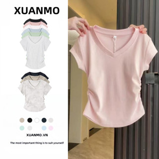 XUANMO Local brand Áo cổ v Áo baby tee Áo Thun ôm body Áo y2k 100% cotton Áo thun nữ màu hồng phong cách Hàn Quốc,form hẹp,short sleeves