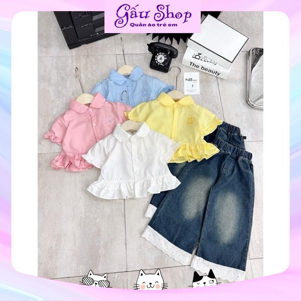 NB350 - Set áo sơ mi bánh bèo 4 màu kèm quần denim phối ren cho bé gái