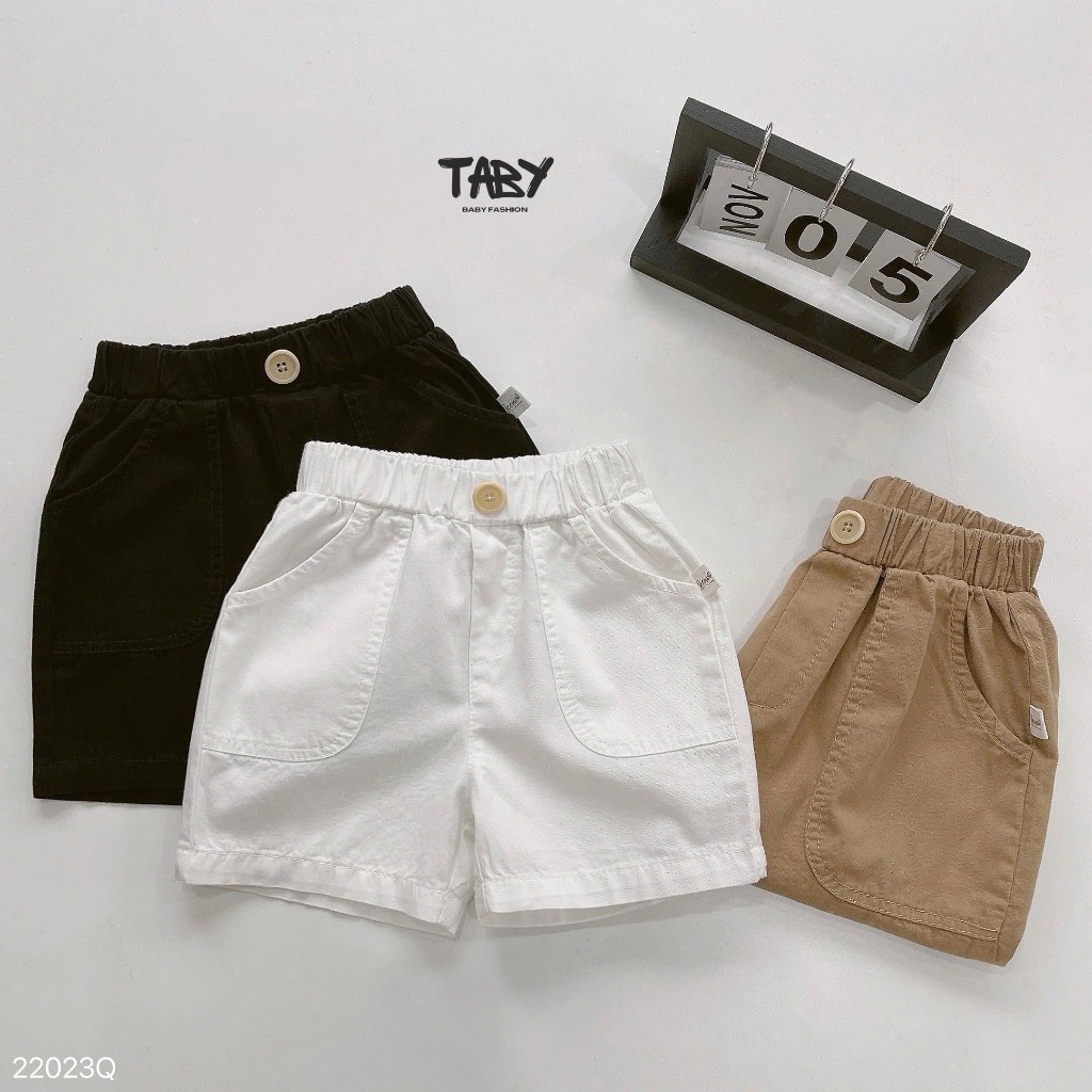 Quần đùi kaki mềm Taby Kids thiết kế may túi trước đính cúc gỗ cạp chun cho bé từ 9-27kg 22023Q