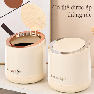 Thùng rác để bàn nhỏ, thùng rác loại ép mini phong cách ins có nắp