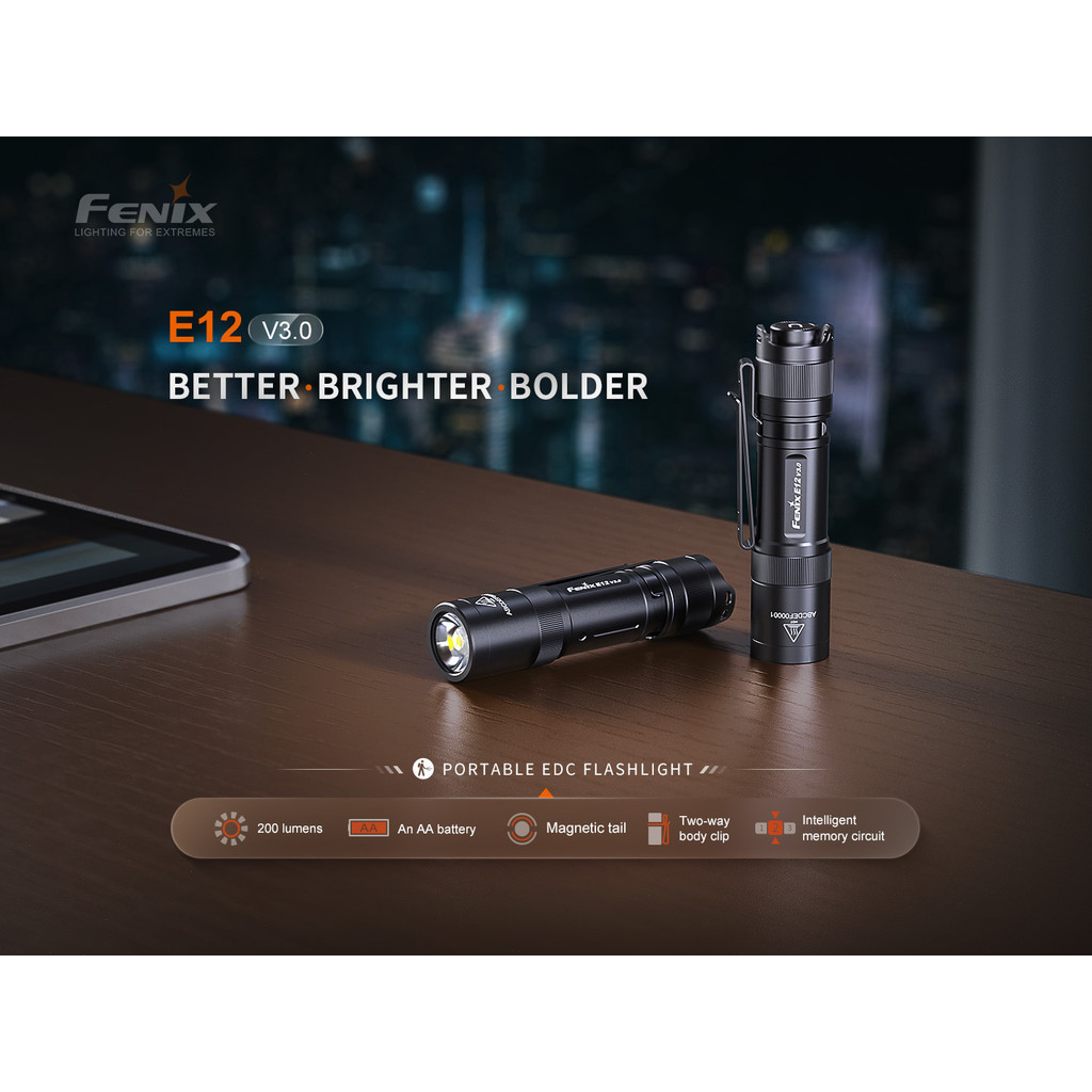 Fenix E12 V3.0 Protable EDC Đèn Pin 200Lumens Với Pin Hoạt Động Một Tay Troch Light