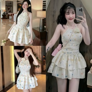 Váy xoè 2 tầng cổ yếm đính hoa bo chun hoạ tiết trái tim sắc màu chất đũi nhăn dễ thương đi biển đi chơi ulzzang, EYE