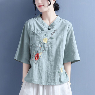 Phong Cách Dân Tộc Kích Thước Lớn Cotton Và Vải Lanh Nữ Xuân Hè 2024 Mới Trung Quốc Cổ Đứng Khóa Top Quần Áo Trà Thêu