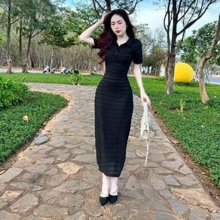Đầm công sở cổ bẻ chân váy dài thanh lịch sang trọng màu đen trắng Nữ Dress