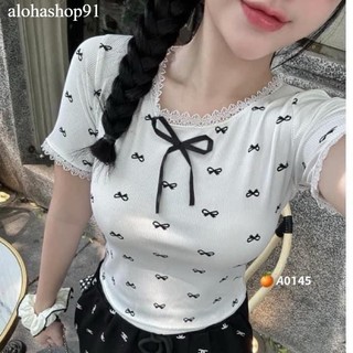 Áo thun croptop tay ngắn viền ren đính nơ ren tay cổ in nơ toàn bộ về 2 màu trắng, đen alohashop91