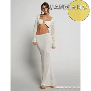 Phụ Nữ Y2K 2 Bộ Trang Phục Dài Tay Cổ Vuông Crop Tops + Váy Dệt Kim Dài Rỗng Cho Tiệc Đi Biển