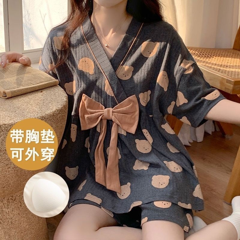Đồ Ngủ Có Đệm Ngực Áo Ngắn Tay Có Thể Mặc Ra Ngoài Bộ Mặc Nhà Giản Dị