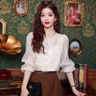 Áo Sơ Mi Mùa Thu 2024 Dài Tay Phong Cách Dân Tộc Cổ Tròn Retro Đèn Lồng Tay Nữ Quốc Gia Hợp Thời Trang Đơn Ngực Nghệ Thuật Xuân Thu ADYO