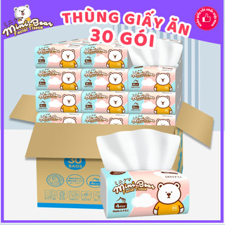 Khăn giấy MiniBear Nhật Bản, thùng 30 gói, mềm mại, an toàn, đa năng vuông lụa 300 tờ 4 lớp đầy đặn