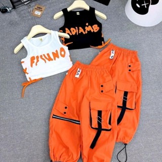 12-32kg_ Sét bộ quần BOOM màu  CAM, áo ba lỗ trắng đen cho bé gái hiphop