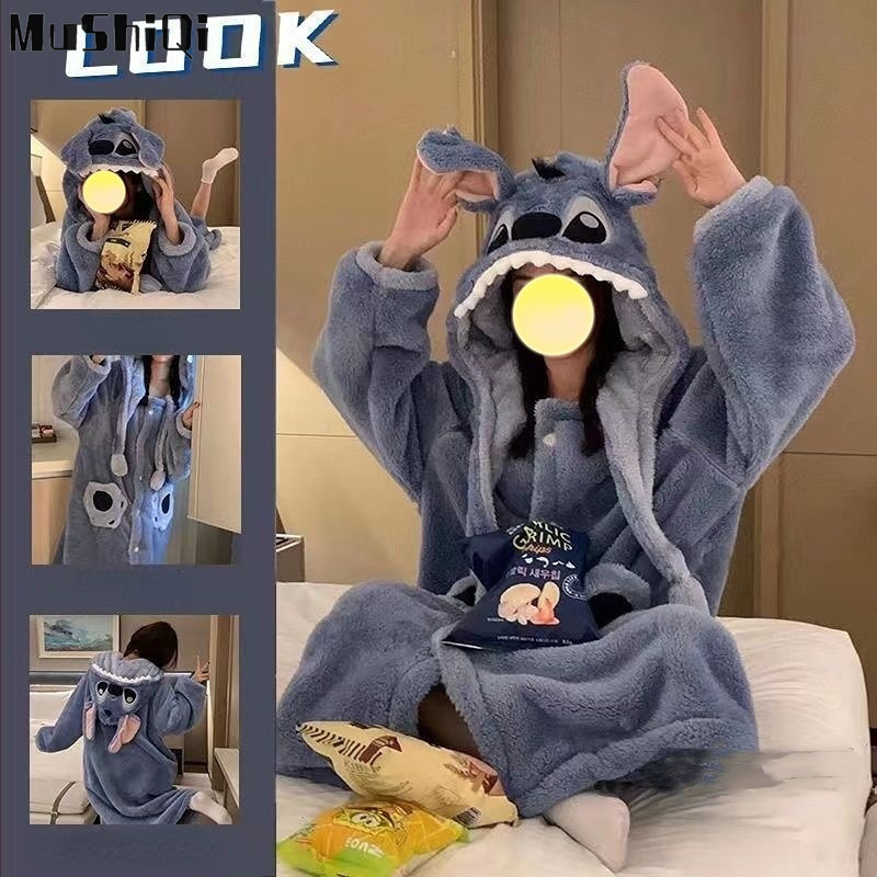 MUSHIQI Bộ đồ ngủ một mảnh dành cho nữ Khâu lông cừu san hô dễ thương ấm áp quần áo tại nhà