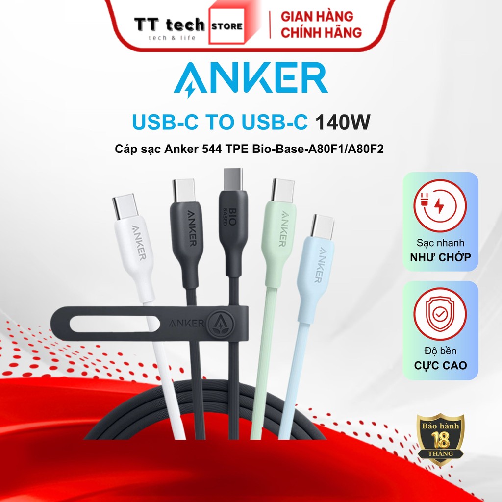 [KHÔNG SD CHO IP 14 SERIES TRỞ XUỐNG] Cáp sạc Anker 544 USB-C to USB-C 0.9m 140W TPE Bio-Based màu đ