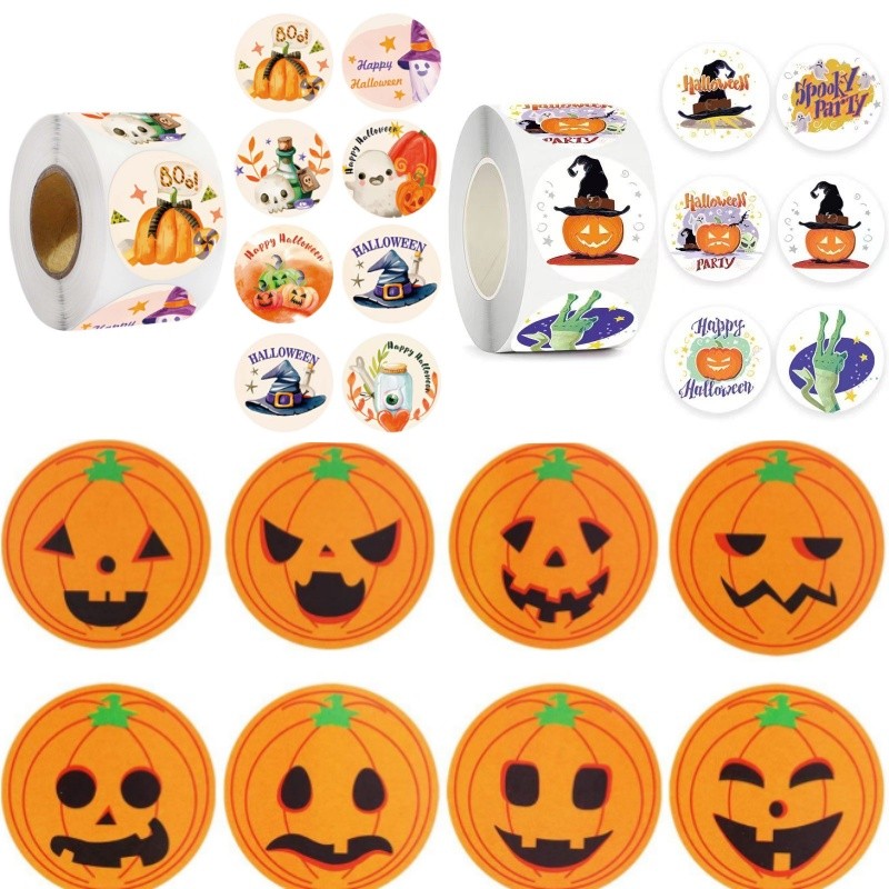 500 Cái / cuộn Halloween Series Dán Bí Ngô Bát Phù Thủy Nhện Để Trang Trí Tiệc Halloween