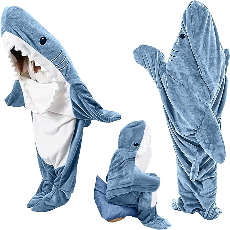 Aokong Shark Bộ đồ ngủ một mảnh dành cho nam và nữ flannel màu xanh dễ thương ngộ nghĩnh quần áo ở n