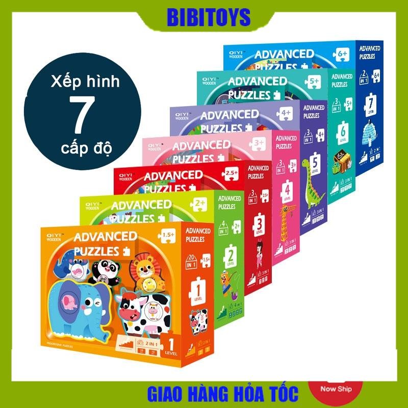 Bộ đồ chơi xếp hình, ghép hình gỗ thăng cấp 7 cấp độ cho bé từ 2-7 tuổi, Đồ chơi gỗ giáo dục thông m