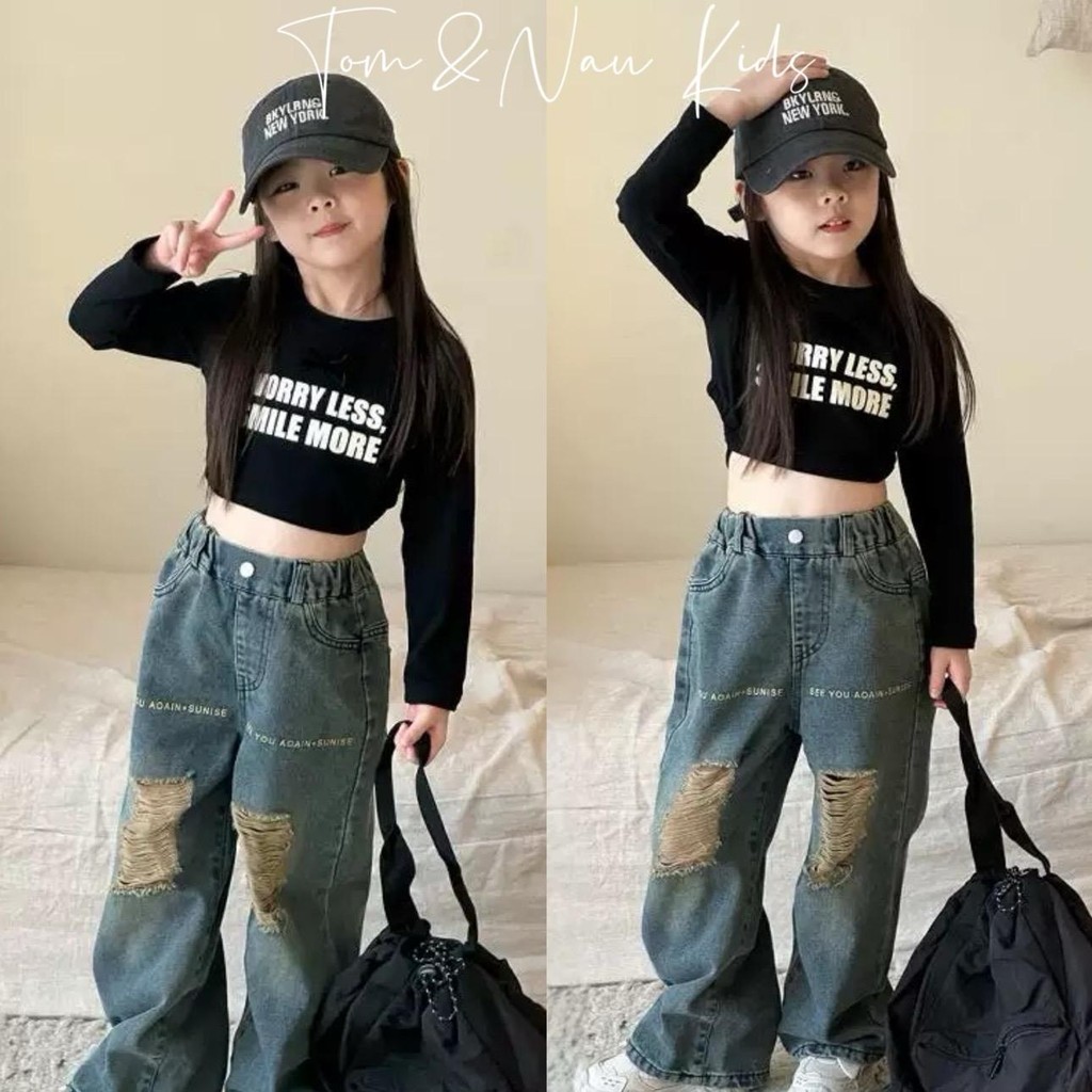  S311- tomnaukid  Set áo dài tay phối quần jean suông ống rộng rách cho bé gái size từ 8-30Kg 