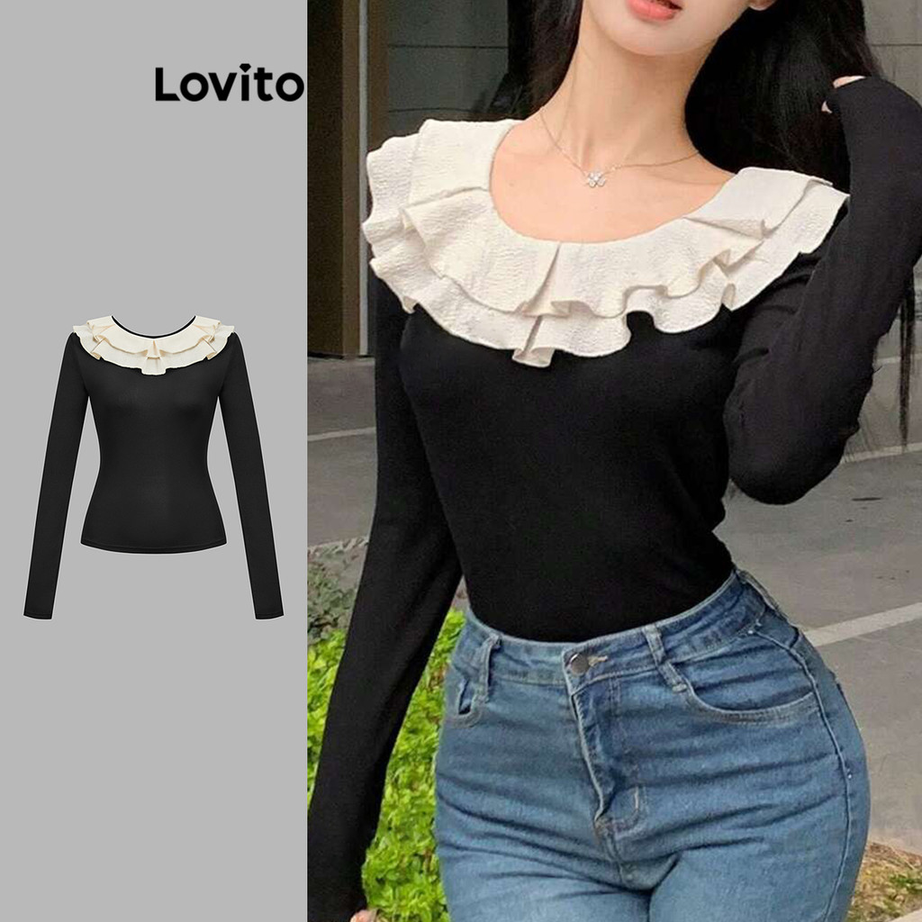 Lovito Áo thun cổ bèo nhún trơn đơn giản dành cho nữ L102AD102