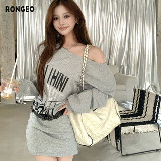 RONGEO Váy nữ túi đeo vai một dây hông váy in chữ lệch vai dài tay