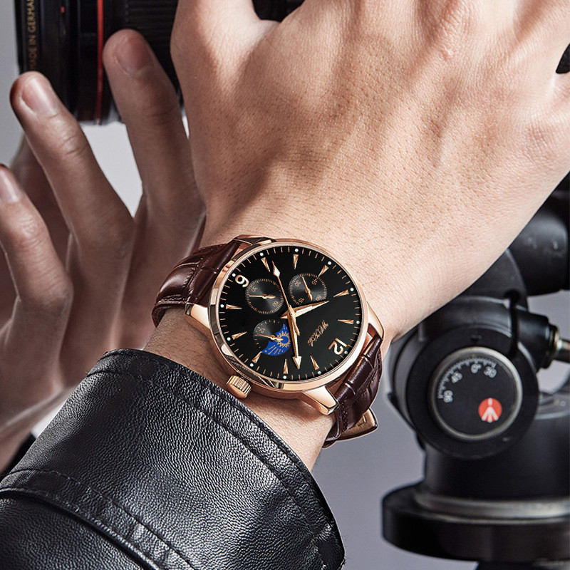 Wokai (Wokai) Nam Nữ Thích Hợp Ba Mắt Thạch Anh Dạ Quang Đồng Hồ Vàng Đen Kinh Doanh Retro Thể Thao 