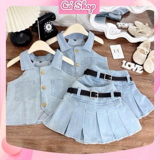  N98  Tặng thắt lưng  12-32kg - Set áo bò jean denim sát nách chân váy xếp ly cho bé gái 
