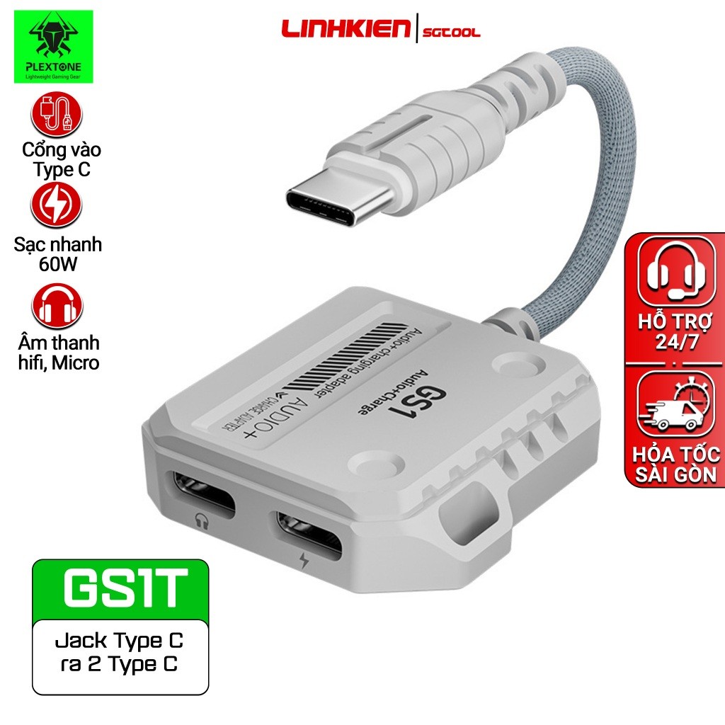 Cáp chuyển đổi âm thanh Type C Plextone GS1 2 in 1, 3in1 hỗ trợ sạc nhanh PD 60W  có mic cho điện th