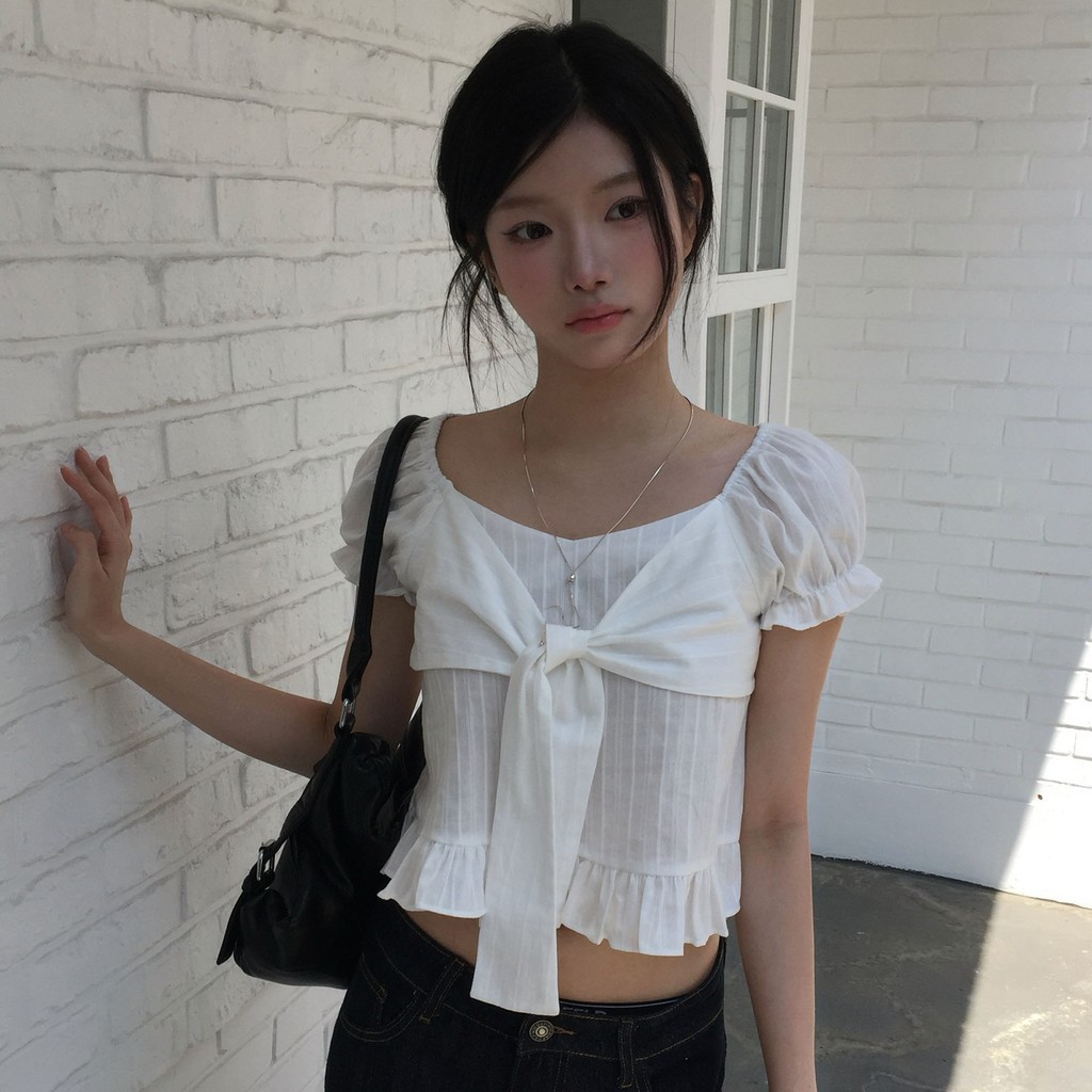 Kii Wii Áo sơ mi nữ phong cách Hàn Quốc với chi tiết nơ và xếp ly ngọt ngào 250808 | BigBuy360 - bigbuy360.vn