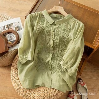 Áo Sơ mi cotton và vải lanh tay bảy phần tư áo cotton và vải lanh cổ điển nghệ thuật cho nữ 2024 mẫu mới mùa hè
