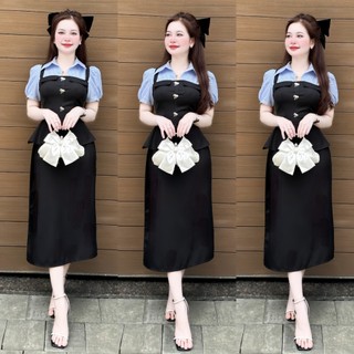 A21- Đầm Thiết Kế GIẢ SET  phối sọc, dáng PEPLUM DÁNG BÚT CHÌ dài (đính kèm nơ đá )sang chảnh thanh lịch
