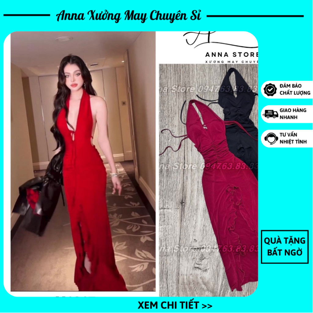 Đầm Dài Dự Tiệc Sang Chảnh Cúp Ngực ,Cổ Khoét Sâu Dáng Dài Sexy Kết Hoa Xẻ Tà M1317