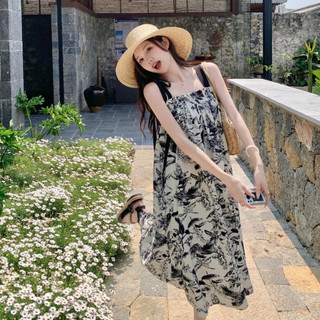 Kii Wii Mùa hè Retro Mực Tranh Nữ Đi Biển Phong Cách Kỳ Nghỉ Đầm Dây Đeo 240724