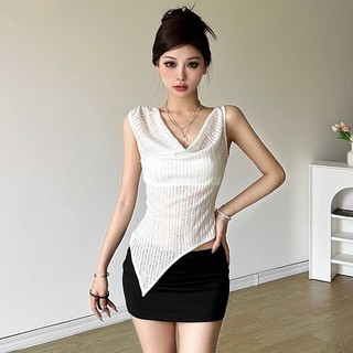 Yuewen Tính Khí Sọc Viền Cổ Áo Vest Nữ Nhìn Xuyên Mỏng Phù Hợp Không Đều Sang Trọng Hàng Đầu Mùa Hè