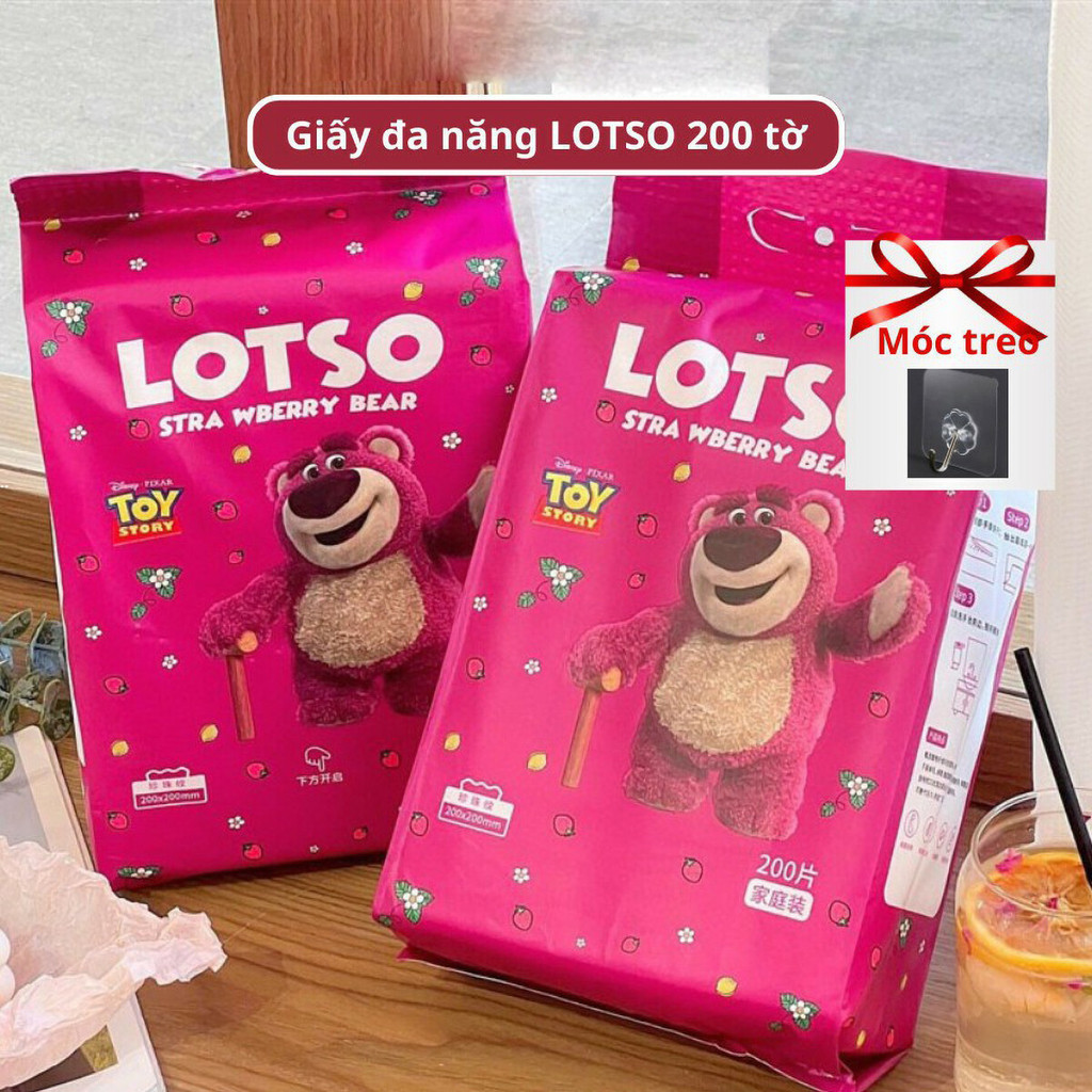Khăn Giấy Lau Đa Năng Gấu Dâu Lotso Bịch Lớn 200 Tờ Dùng Cả Tháng Mới Hết, Khăn Lau Mặt Dùng 1 Lần -
