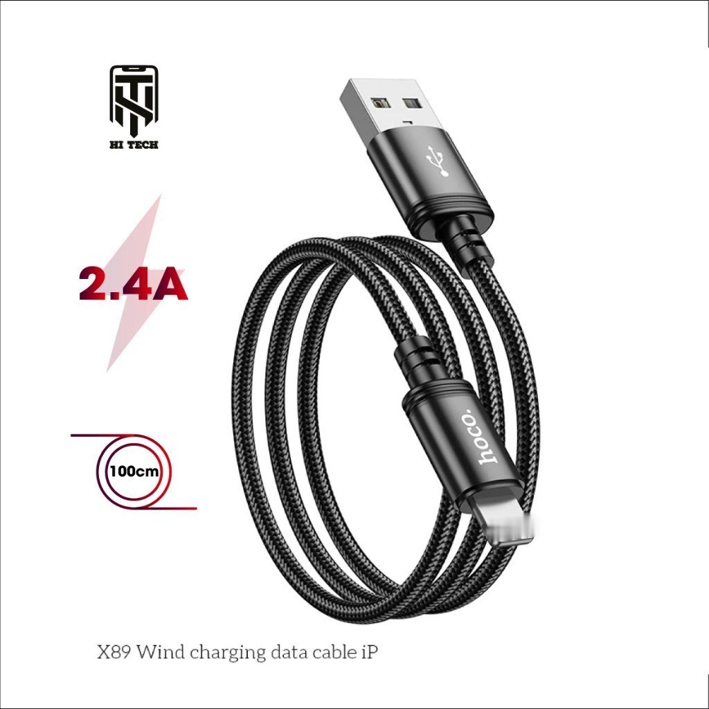  Cáp sạc nhanh hoco X89 hỗ trợ sạc nhanh lên đến 2.4A truyền dữ liệu từ USB sang Ln Dây dài 1m bện dù chống đứt gãy. 