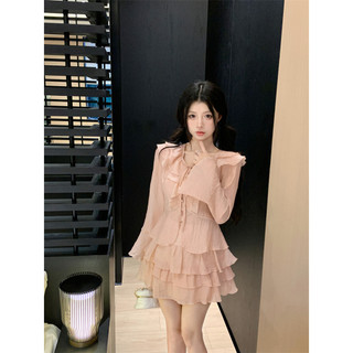 Áo Dài Tay Cổ Chữ V Viền Bèo Phong Cách Dịu Dàng Mùa Xuân Cho Nữ Chân Váy Bồng Chữ A Cạp Cao Bộ Hai Chiếc