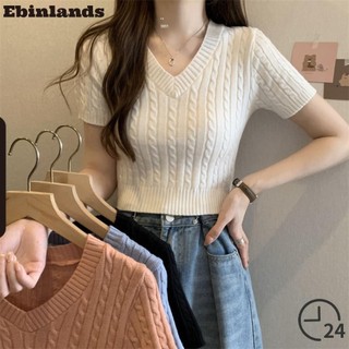 Áo cổ chữ V EBINLANDS, Áo thun Hàn Quốc mùa hè khí chất, Đường ngắn thời trang ngọt ngào phổ biến