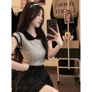 Áo len ngắn tay cổ búp bê ngọt ngào dành cho nữ mùa hè Slim-fit Thin Design Niche Top (Phiên bản chất lượng cao) / Size: One Size 35-55KG