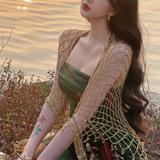 Áo choàng trang trí ren móc rỗng vàng áo choàng Hán phục sườn xám váy mặc bên ngoài cổ điển thanh lịch cổ điển