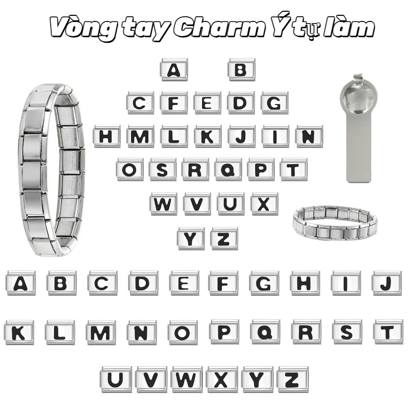 Thư Vòng Tay Quyến Rũ Ý Fit 9mm Vòng Đeo Tay Mô-đun Họa Tiết Bảng Chữ Cái Mô-đun Phong Cách Retro Thời Trang