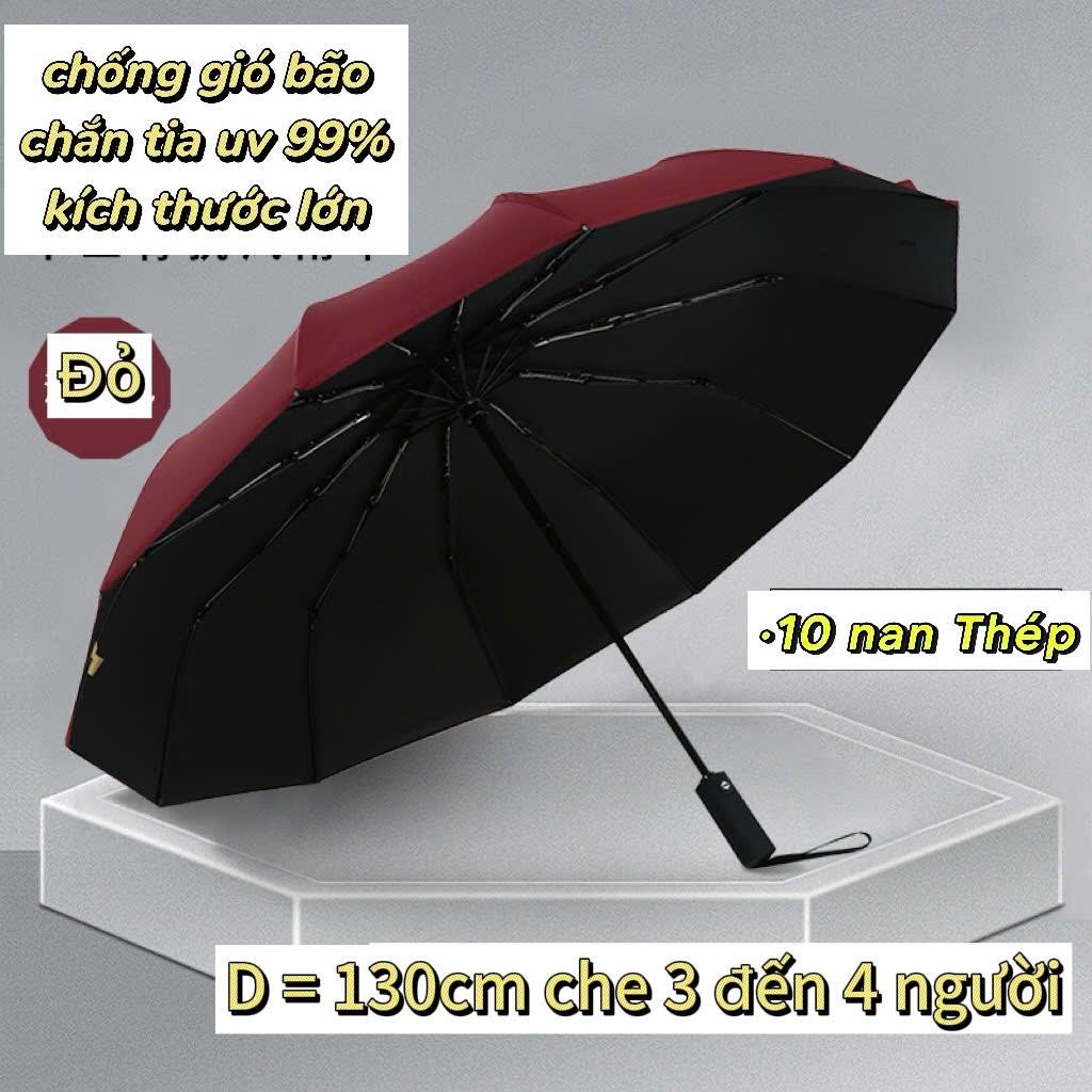 Ô Dù Siêu To 3-4 Người, Gấp gọn D = 130cm Mở Tự Động, 10 nan thép dày chống nắng tốt, chống thấm nước, che mưa