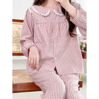  BAE MALI - Bộ mặc nhà kẻ babydoll pha ren dáng dài SP500 