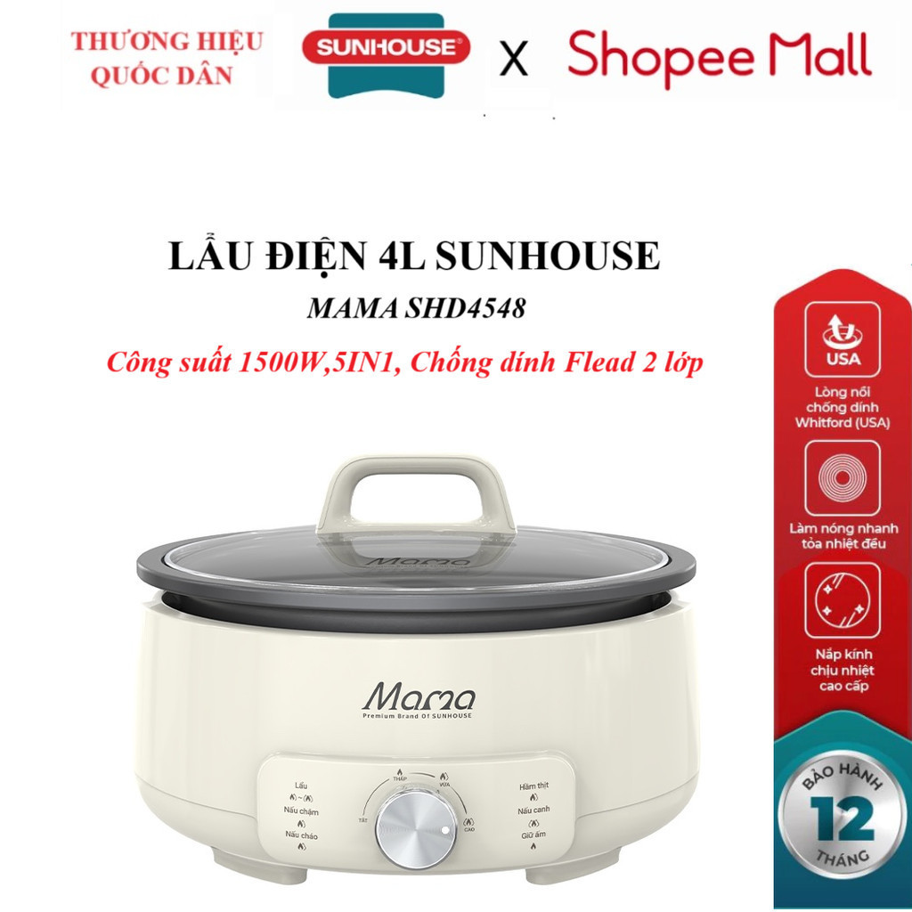 Nồi lẩu điện 4L SUNHOUSE MAMA SHD4548 đa năng lẩu, hầm, xúp, chiên, xào, công suất 1500W