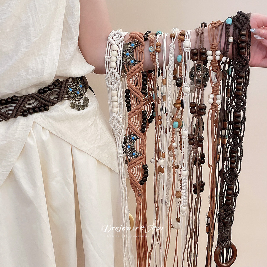 DREJEW Nhiều lớp dệt nhựa ngọc lam gỗ đính cườm dây thắt lưng phong cách dân tộc retro thắt lưng