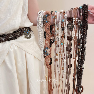 DREJEW Nhiều lớp dệt nhựa ngọc lam gỗ đính cườm dây thắt lưng phong cách dân tộc retro thắt lưng