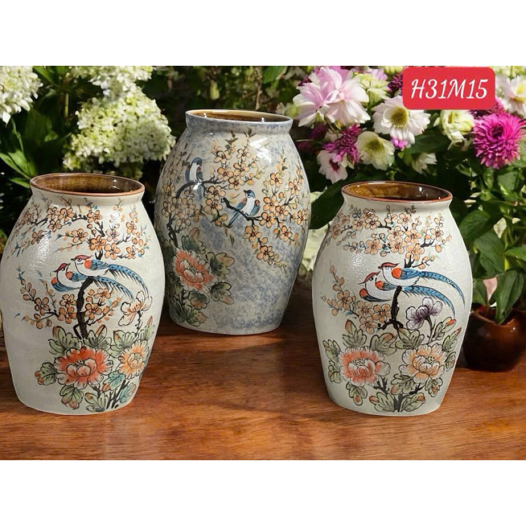 Bình Cắm Hoa Dáng Chum Miệng Rộng Vẽ Tay Thủ Công Gốm Bát Tràng, Chum Cắm Hoa, Bình Chum Miệng Rộng 