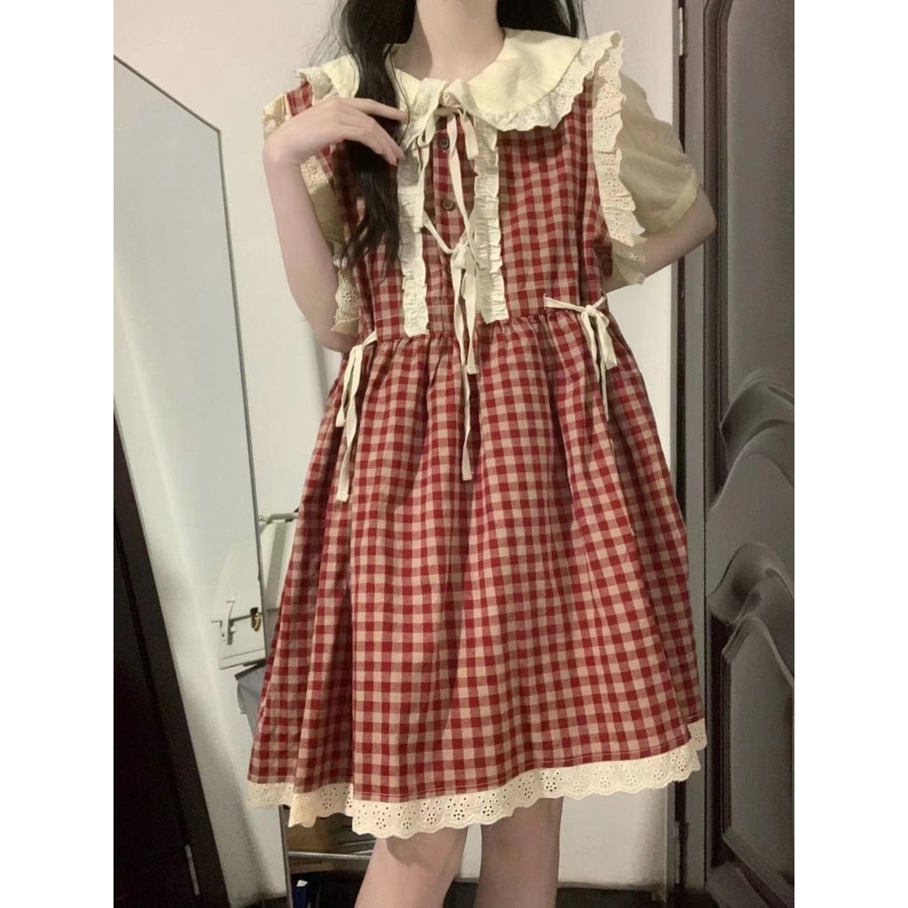 Mori Style Sweet Vintage Check Ren Đầm Nữ