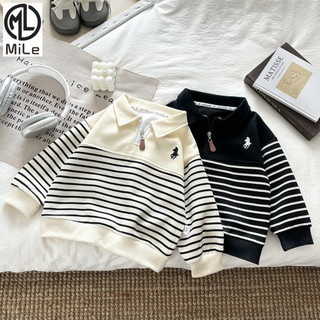   ML  80-170CM Áo Trẻ Em Mùa Thu Phong Cách Mới Nam Nữ Dây Kéo Cổ Áo polo Tay Dài Sọc Khâu Phù Hợp Với Hàng Đầu 