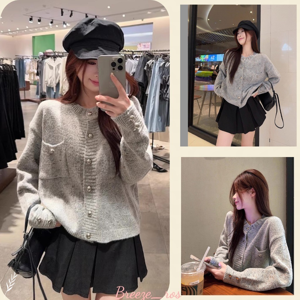 Breeze_ros Áo Khoác Len Phong Cách Hàn Quốc, Áo Cardigan Dệt Kim Màu Xám Thanh Lịch Mới Thời Trang C