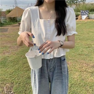 Mùa Hè Mới Áo Sơ Mi Tay Ngắn Cho Nữ Pháp Siêu Cổ Tích Áo Niche Cổ Vuông Tay Phồng