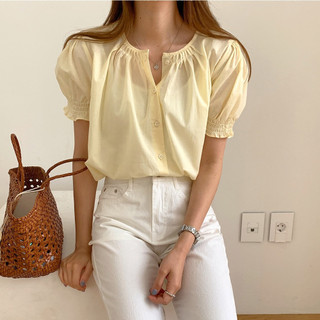 Áo sơ mi ngắn tay ngọt ngào dành cho nữ Hàn Quốc Áo sơ mi ngắn tay sang trọng thời trang màu trơn